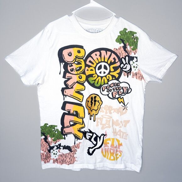 Y2K Born Fly Graffiti All Over Print Embroidered T-Shirt Streetwear - Large - Picture 1 of 11